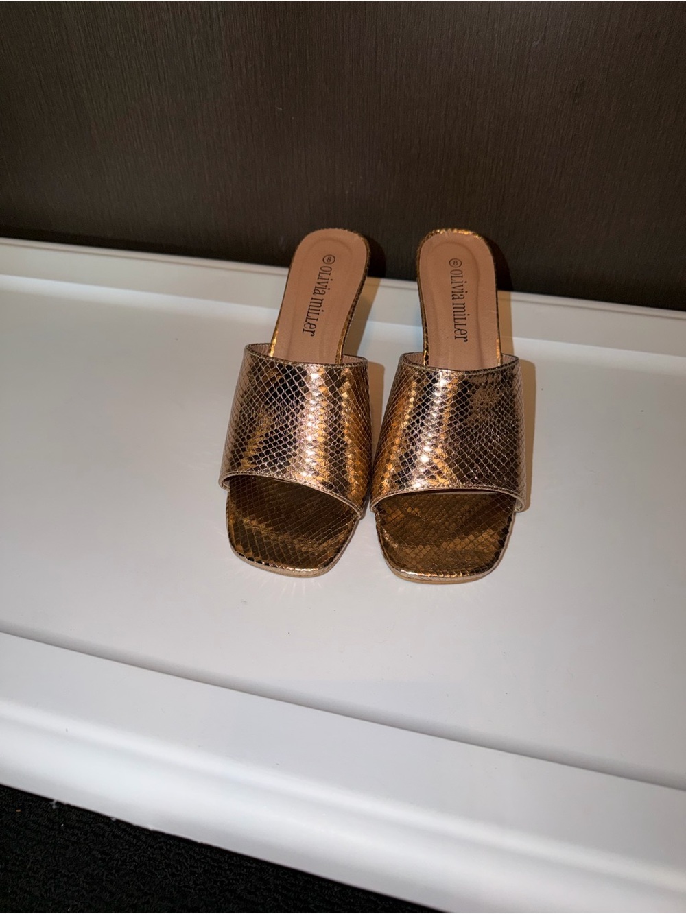 Olivia Miller Rose Gold Snakeskin Slide Mules